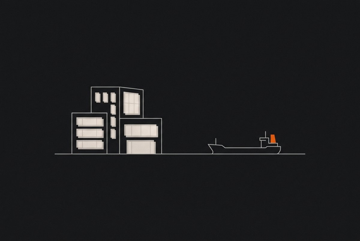 Line illustration of an office building beside a ship on the horizon, one orange funnel